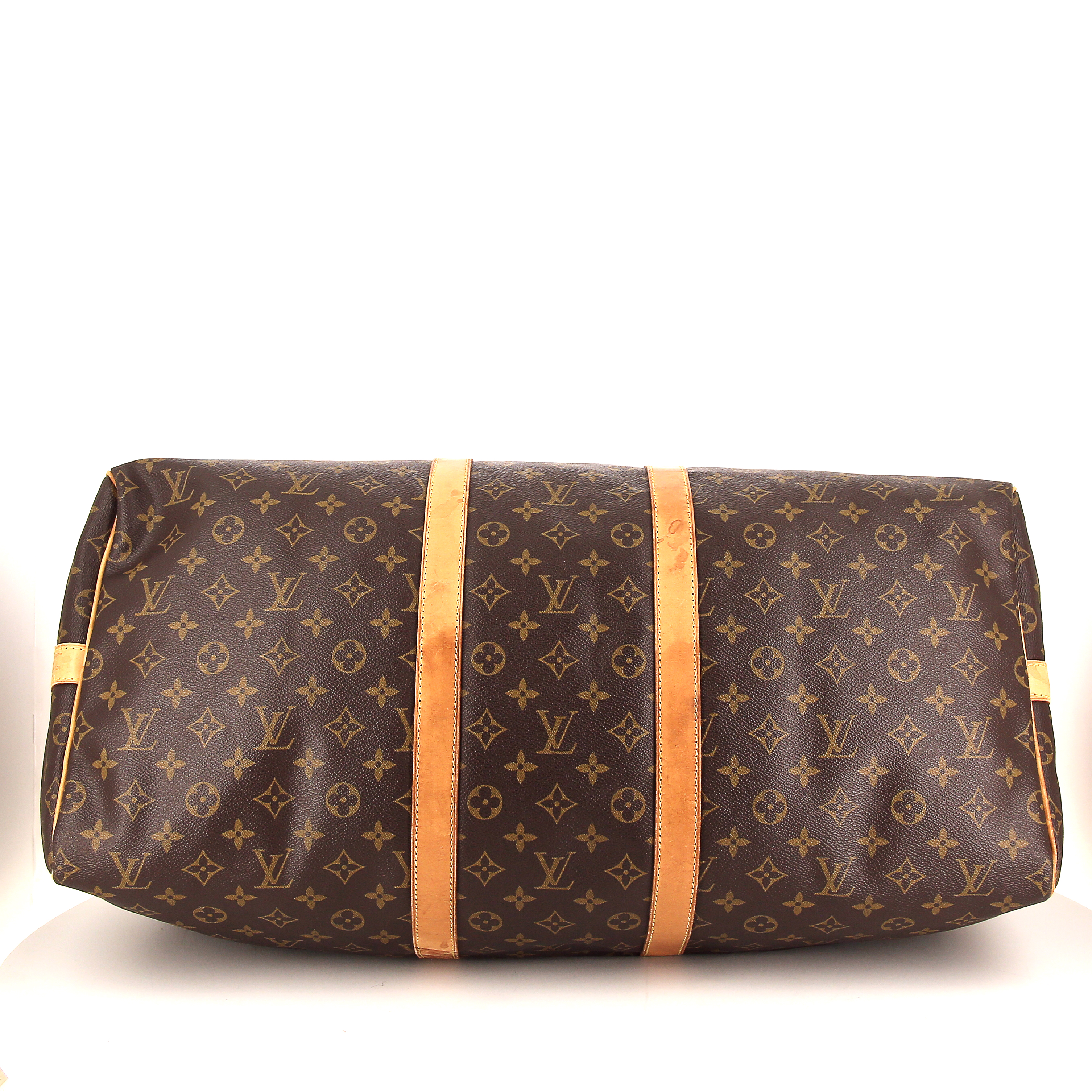Sac de voyage Louis Vuitton Keepall 55 cm en toile monogram marron et cuir naturel - Detail D3
