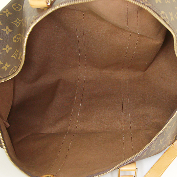 Bolsa de viaje Louis Vuitton Keepall 55 cm en lona Monogram marrón y cuero natural - Detail D3
