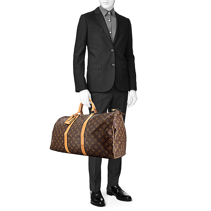 Louis Vuitton Keepall 50 cm travel bag in brown monogram canvas and natural leather - Detail D1