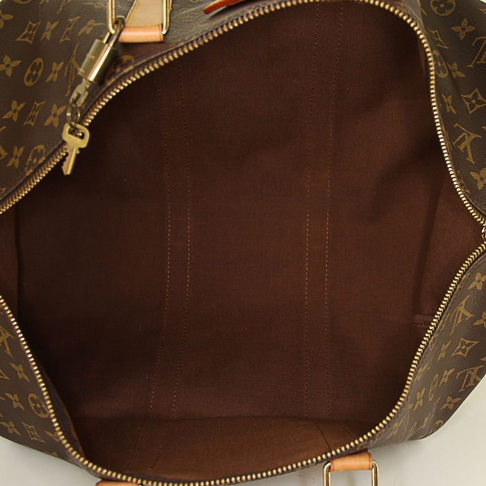 Bolsa de viaje Louis Vuitton Keepall 50 cm en lona Monogram marrón y cuero natural - Detail D2