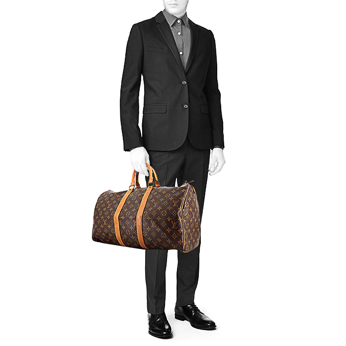 Bolsa de viaje Louis Vuitton Keepall 45 en lona Monogram marrón y cuero natural - Detail D1