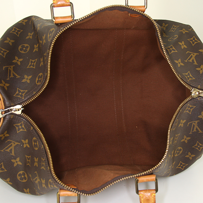 Louis Vuitton Keepall 45 travel bag in brown monogram canvas and natural leather - Detail D2