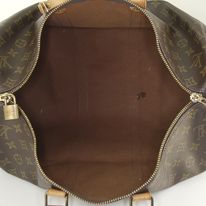 Borsa da viaggio Louis Vuitton Keepall 45 in tela monogram marrone e pelle naturale - Detail D2