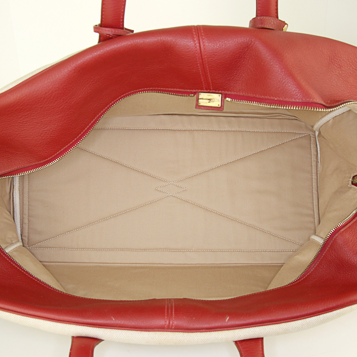 Sac de voyage Hermes Victoria en toile beige et cuir rouge - Detail D2