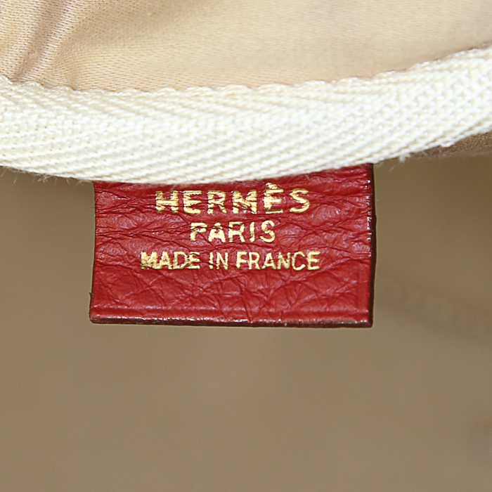 Borsa da viaggio Hermes Victoria in tela beige e pelle rossa - Detail D3