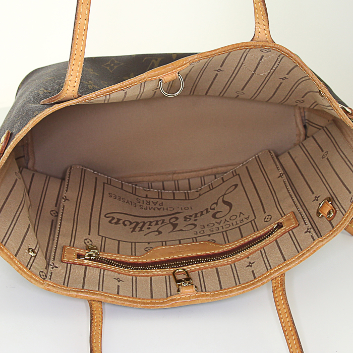 Louis Vuitton Neverfull small model shopping bag in brown monogram canvas and natural leather - Detail D2