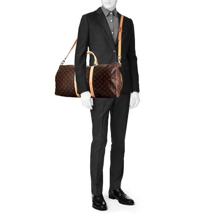 Louis Vuitton Keepall 55 cm travel bag in brown monogram canvas and natural leather - Detail D2