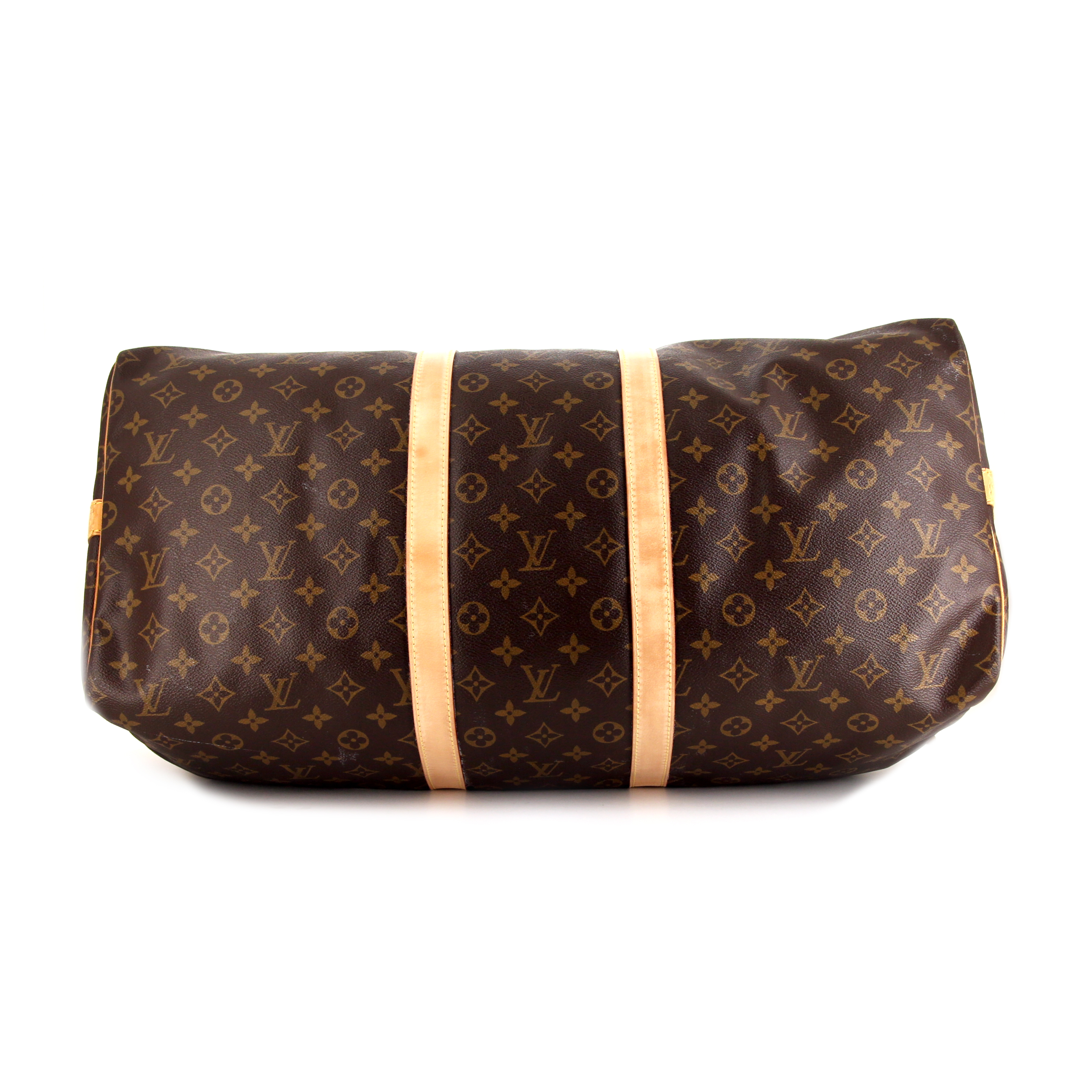 Sac de voyage Louis Vuitton Keepall 55 cm en toile monogram enduite marron et cuir naturel - Detail D5