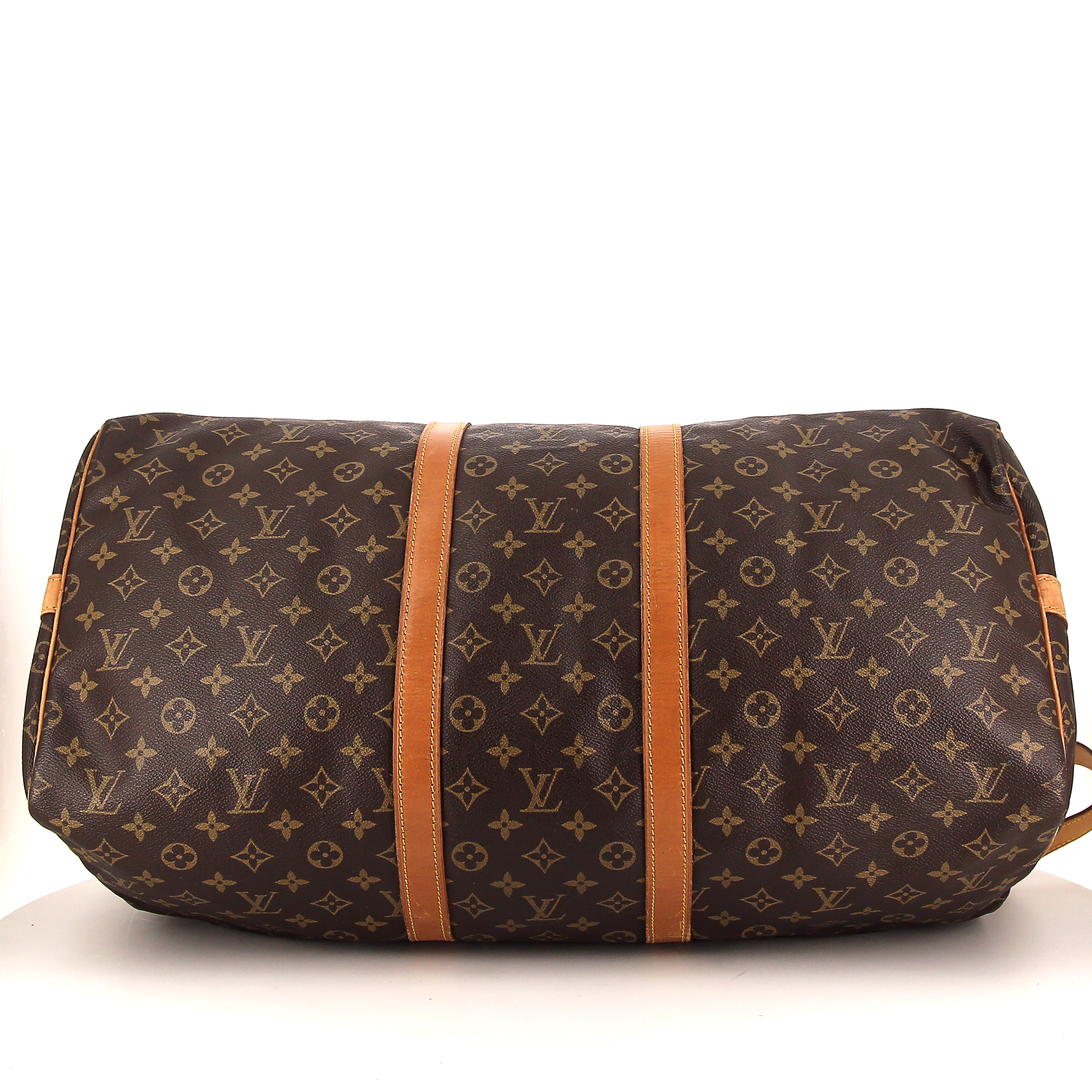 Sac de voyage Louis Vuitton Keepall 55 cm en toile monogram marron et cuir naturel - Detail D3
