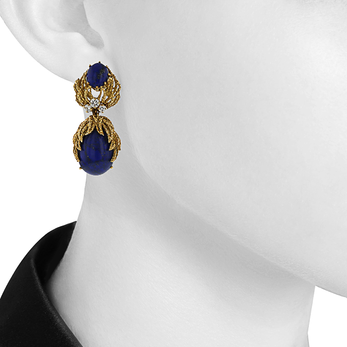 Pendientes colgantes época años 70 Vintage en oro amarillo,  lapislázuli y diamantes - Detail D1