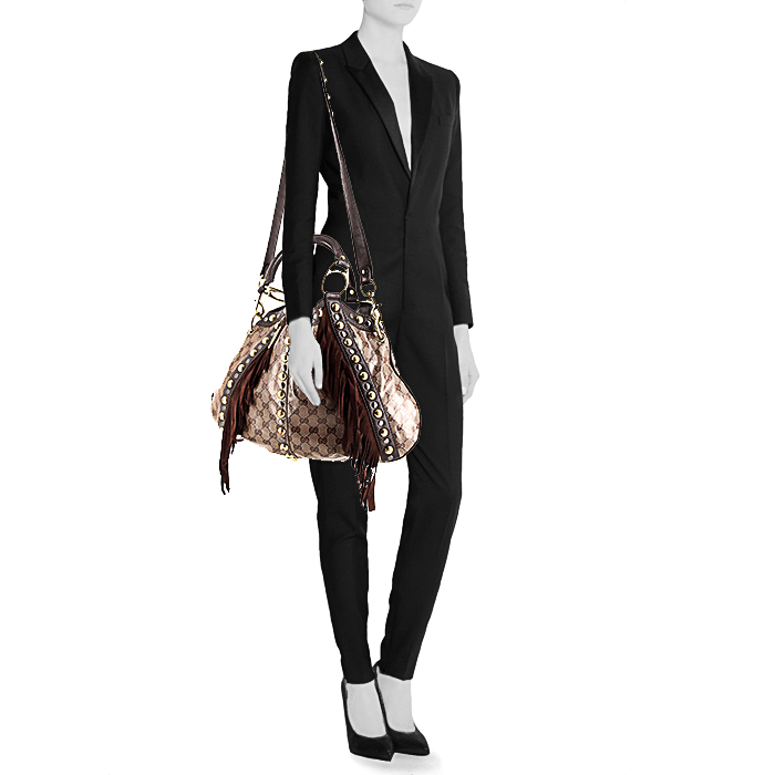 Sac à main Gucci Babouska en toile monogram enduite marron et cuir marron - Detail D1