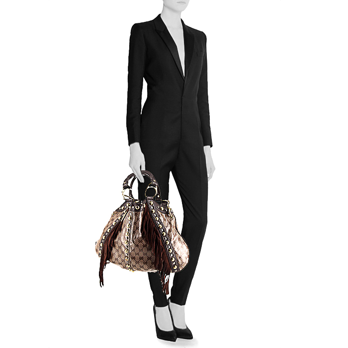 Bolso de mano Gucci Babouska en lona Monogram revestida marrón y cuero marrón - Detail D2