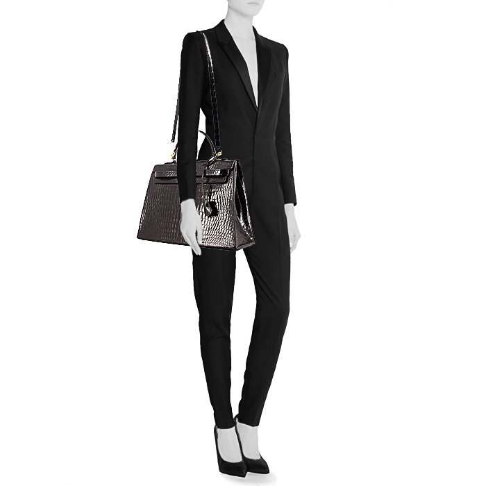 Sac à main Hermes Kelly 35 cm en crocodile porosus noir - Detail D1