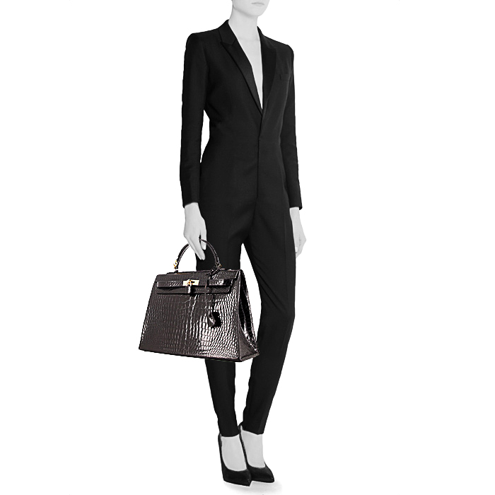Hermes Kelly 35 cm handbag in black porosus crocodile - Detail D2