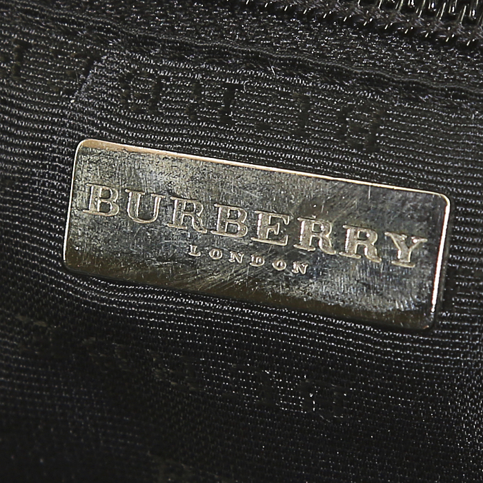 Borsa a tracolla Burberry Shopping in tela Haymarket tricolore beige nera e rossa e pelle marrone - Detail D4