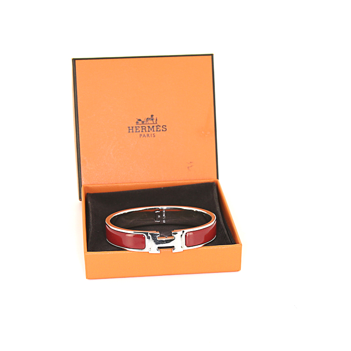 Bracciale apribile Hermes Clic Clac modello piccolo in palladio e smalto rosso