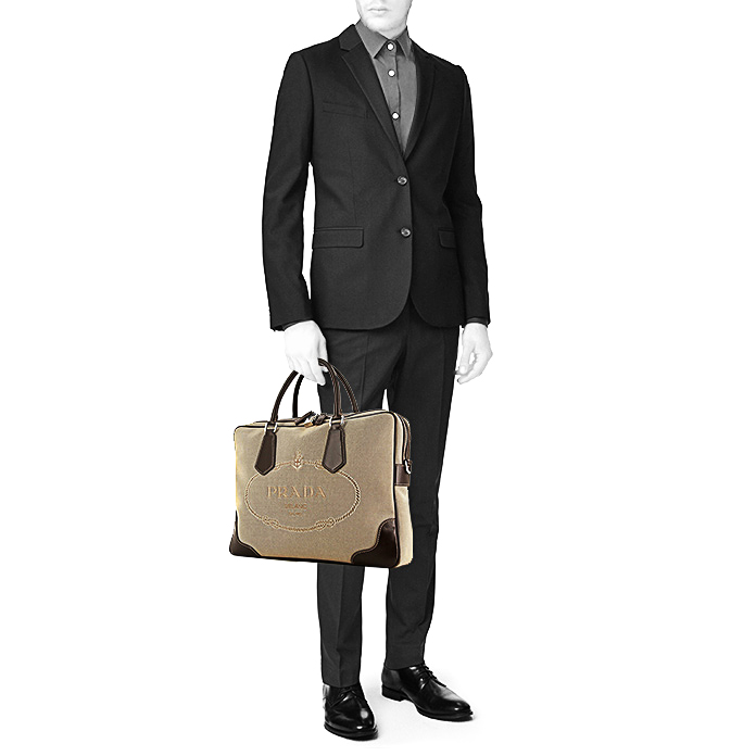 Porte-documents Prada en toile marron et cuir marron - Detail D1
