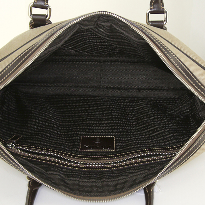 Borsa portadocumenti Prada in tela marrone e pelle marrone - Detail D2