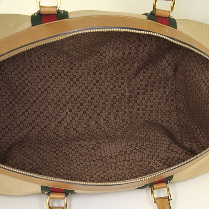 Borsa da viaggio Gucci in tela beige rossa e verde e pelle beige - Detail D2