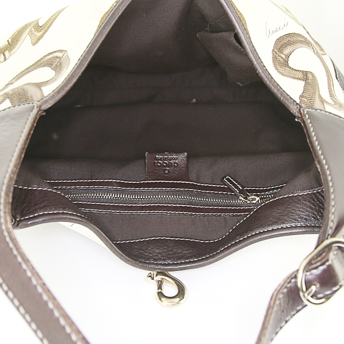 Borsa Gucci Jackie in tela color crema con motivo equestre e pelle marrone - Detail D2