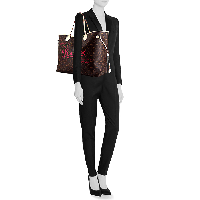 Louis Vuitton Neverfull large model shopping bag in brown monogram canvas and natural leather - Detail D1