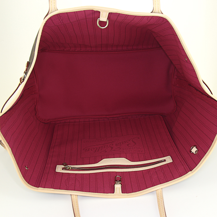 Sac cabas Louis Vuitton Neverfull grand modèle en toile monogram marron et cuir naturel - Detail D2