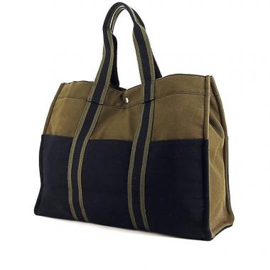 Sac cabas Hermes Toto Bag - Shop Bag en toile bicolore vert-kaki et noire