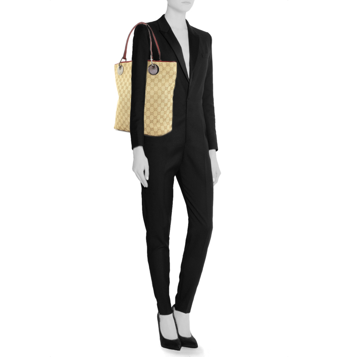 Gucci  Eclipse shopping bag  in beige monogram canvas  and red leather - Detail D1