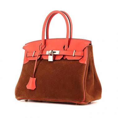 Bolso de mano Hermès Birkin Grizzly en cuero swift rojo y cuero de ternero doblis marrón