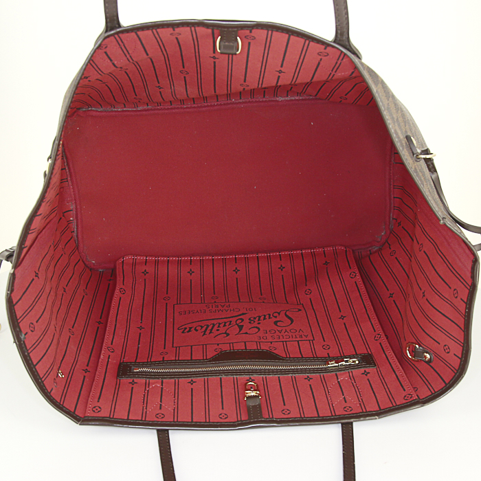 Louis Vuitton Neverfull large model shopping bag in brown damier canvas and brown leather - Detail D2