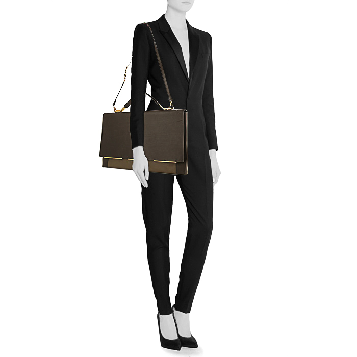 Lanvin bag worn on the shoulder or carried in the hand in khaki and olive green bicolor leather - Detail D1