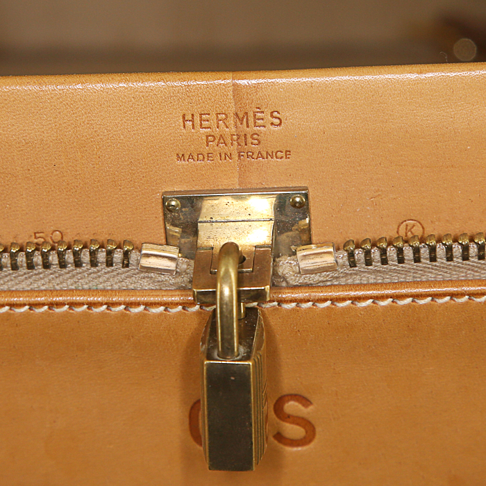 Valise Hermès Vintage en toile beige-écru et cuir naturel - Detail D3