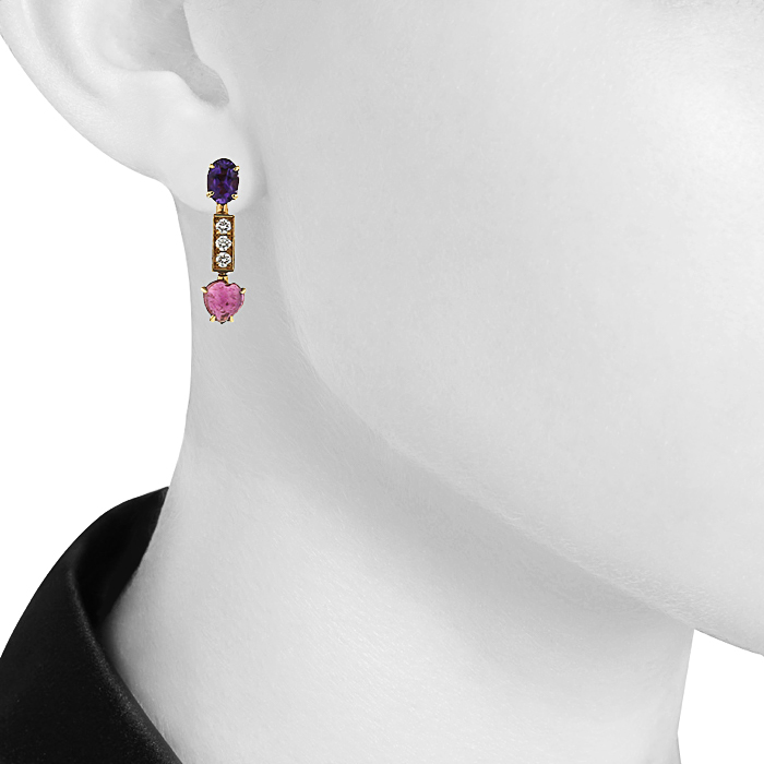 Paire de pendants d'oreilles articulée Bulgari Allegra en or jaune,  diamants et pierres de couleurs