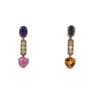 Paire de pendants d'oreilles articulée Bulgari Allegra en or jaune,  diamants et pierres de couleurs