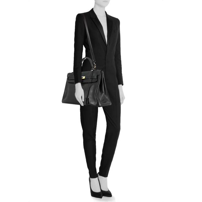 Bolso de mano Hermes Kelly 32 cm en cuero Fjord negro - Detail D1