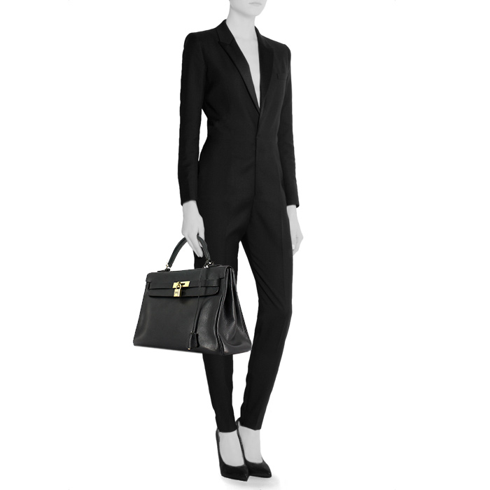 Sac à main Hermes Kelly 32 cm en cuir Fjord noir - Detail D2