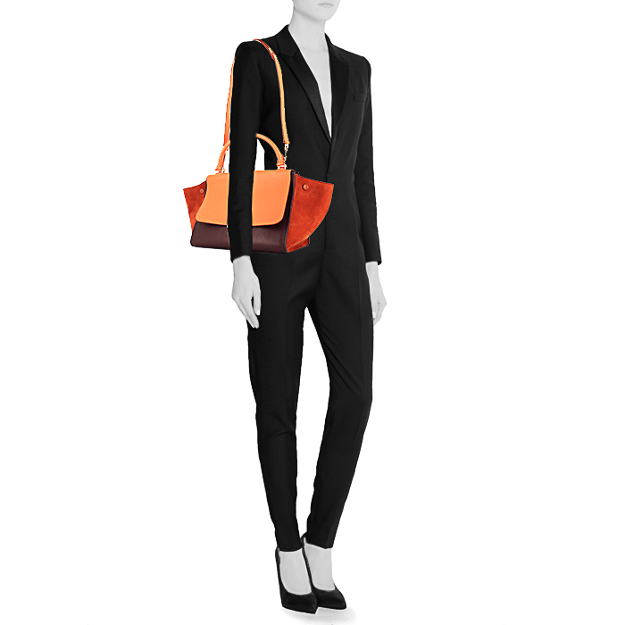 Bolso de mano Celine Trapeze en cuero naranja y marrón y ante naranja - Detail D1