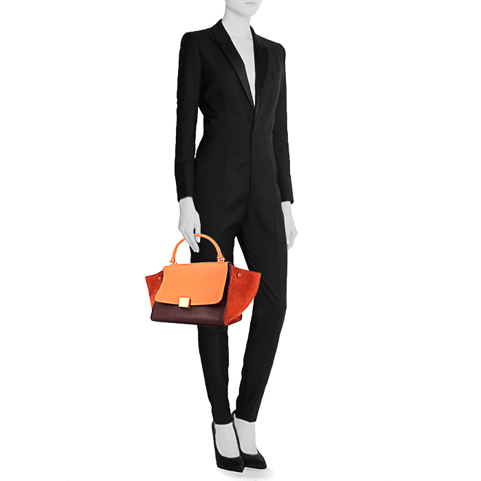 Celine Trapeze handbag in orange and brown leather and orange suede - Detail D2