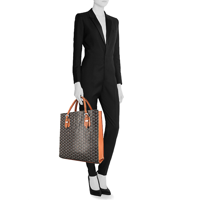 Goyard Comores shopping bag in black monogram canvas and brown leather - Detail D1