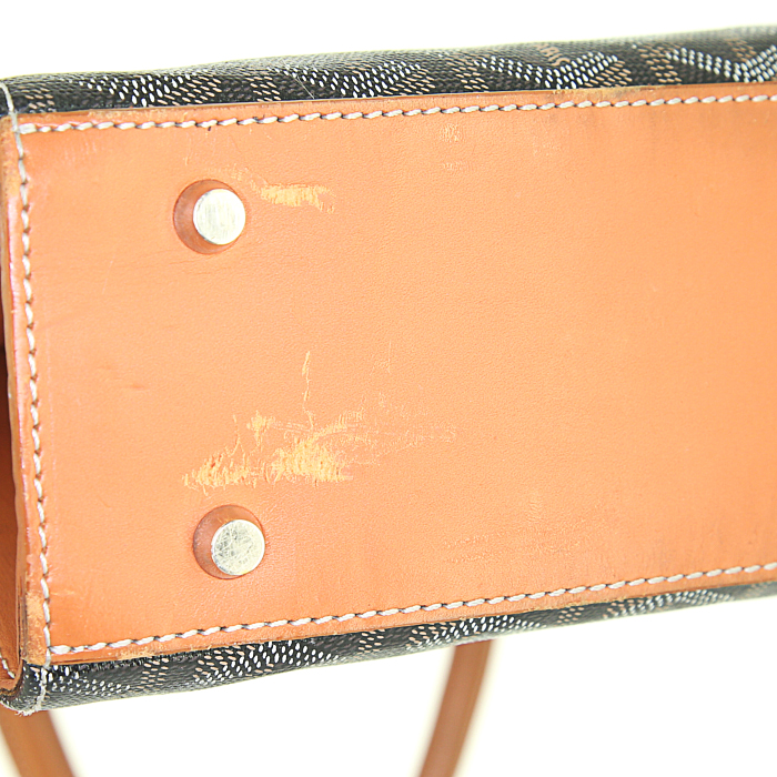 Goyard Comores shopping bag in black monogram canvas and brown leather - Detail D4