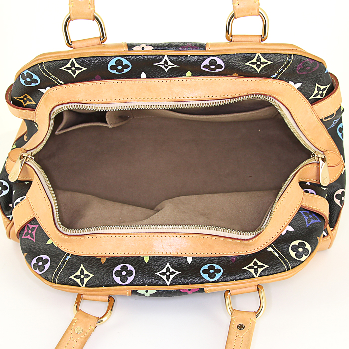 Borsa da spalla o a mano Louis Vuitton Claudia in tela monogram cerata multicolore nera e pelle naturale - Detail D2
