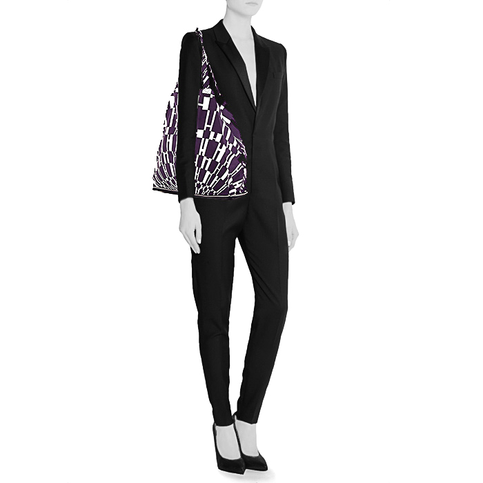 Shopping bag Hermes Silky Pop - Shop Bag in tela con stampa bicolore viola e bianca H e pelle viola - Detail D1