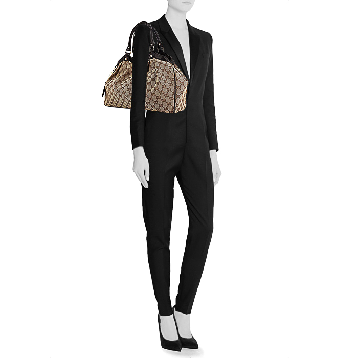 Shopping bag Gucci Sukey in tela monogram beige e pelle marrone - Detail D1