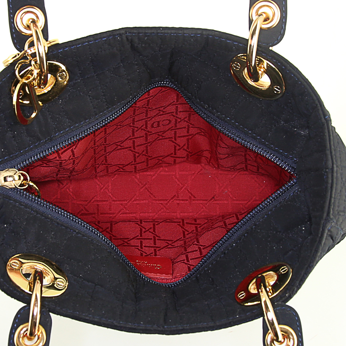 Bolso de mano Dior Lady Dior en lona cannage azul marino - Detail D2