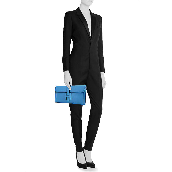 Hermes Jige pouch in blue Swift leather - Detail D1