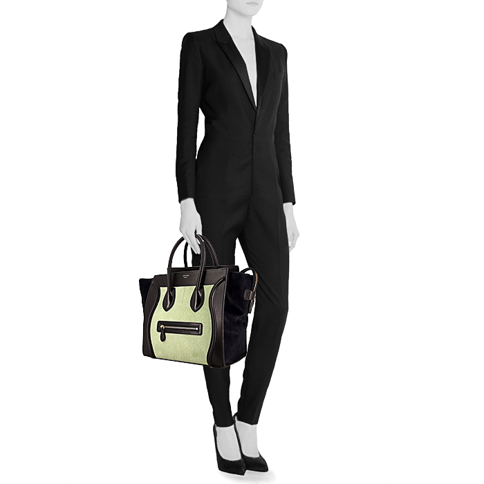 Sac à main Celine Luggage en cuir noir et poulain vert-d'eau - Detail D1
