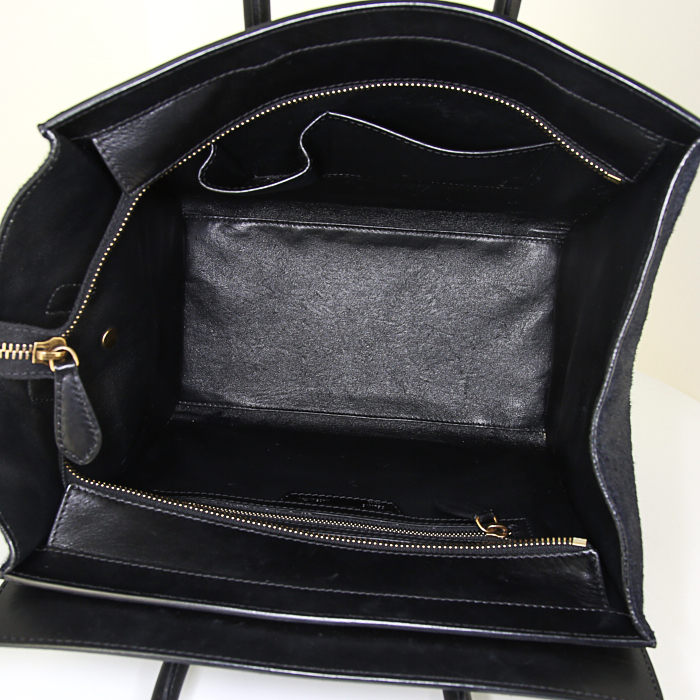 Bolso de mano Celine Luggage en cuero negro y piel de potro verde agua - Detail D2