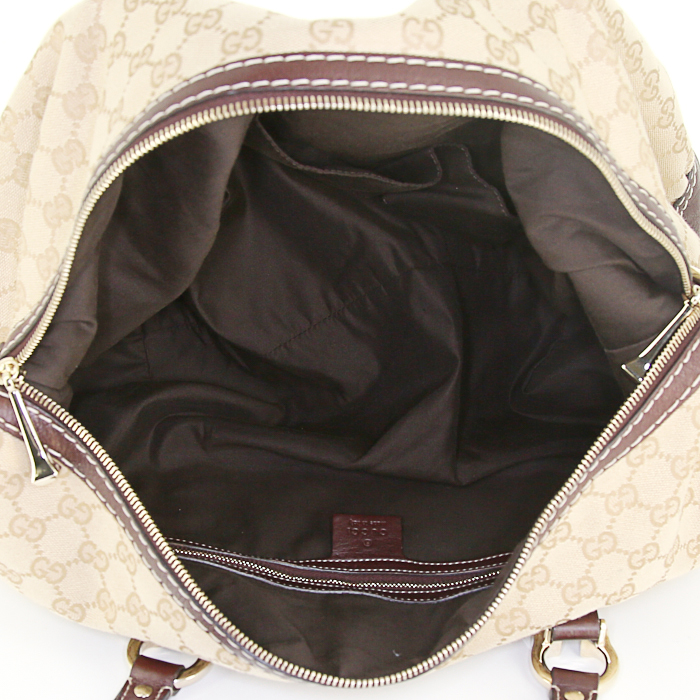 Borsa Gucci HorsebitNailBoston in tela monogram beige e pelle marrone - Detail D2