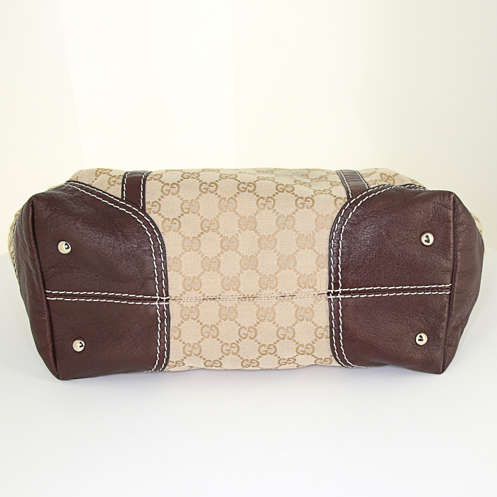 Gucci HorsebitNailBoston handbag in beige monogram canvas and brown leather - Detail D4