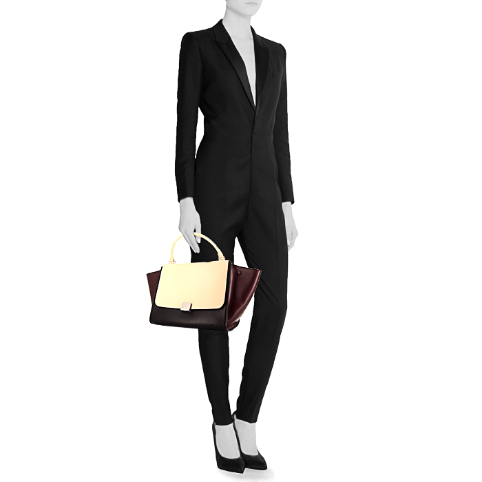Borsa Celine  Trapeze modello medio  in pelle tricolore beige bordeaux e nera - Detail D1